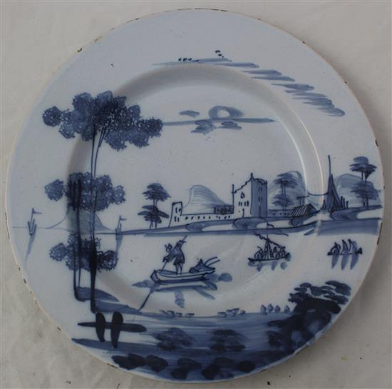 Three English delft ware plates, c.1760-70, diameter 23cm